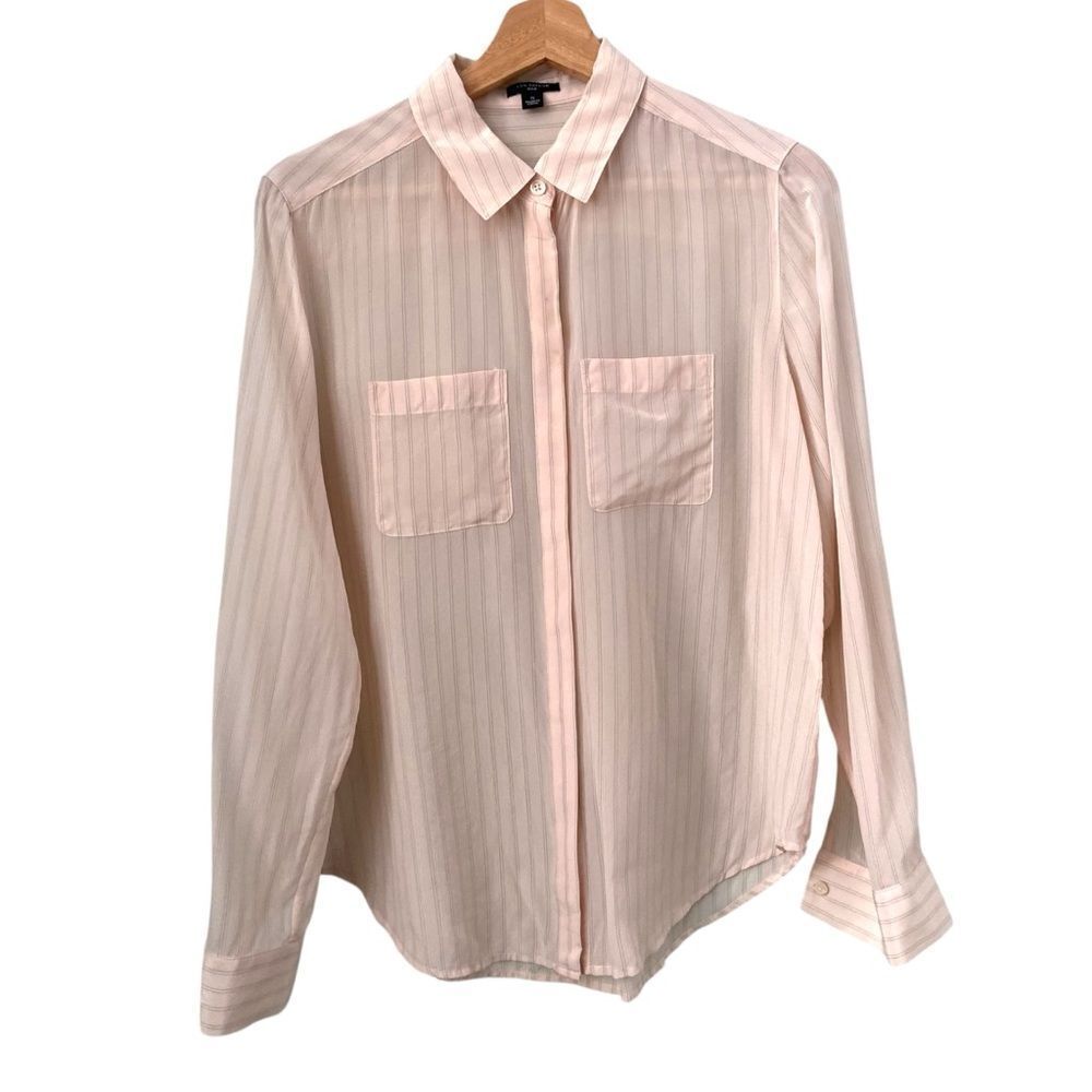 Ann Taylor Cream Prink Striped Silk Blouse in Size Small